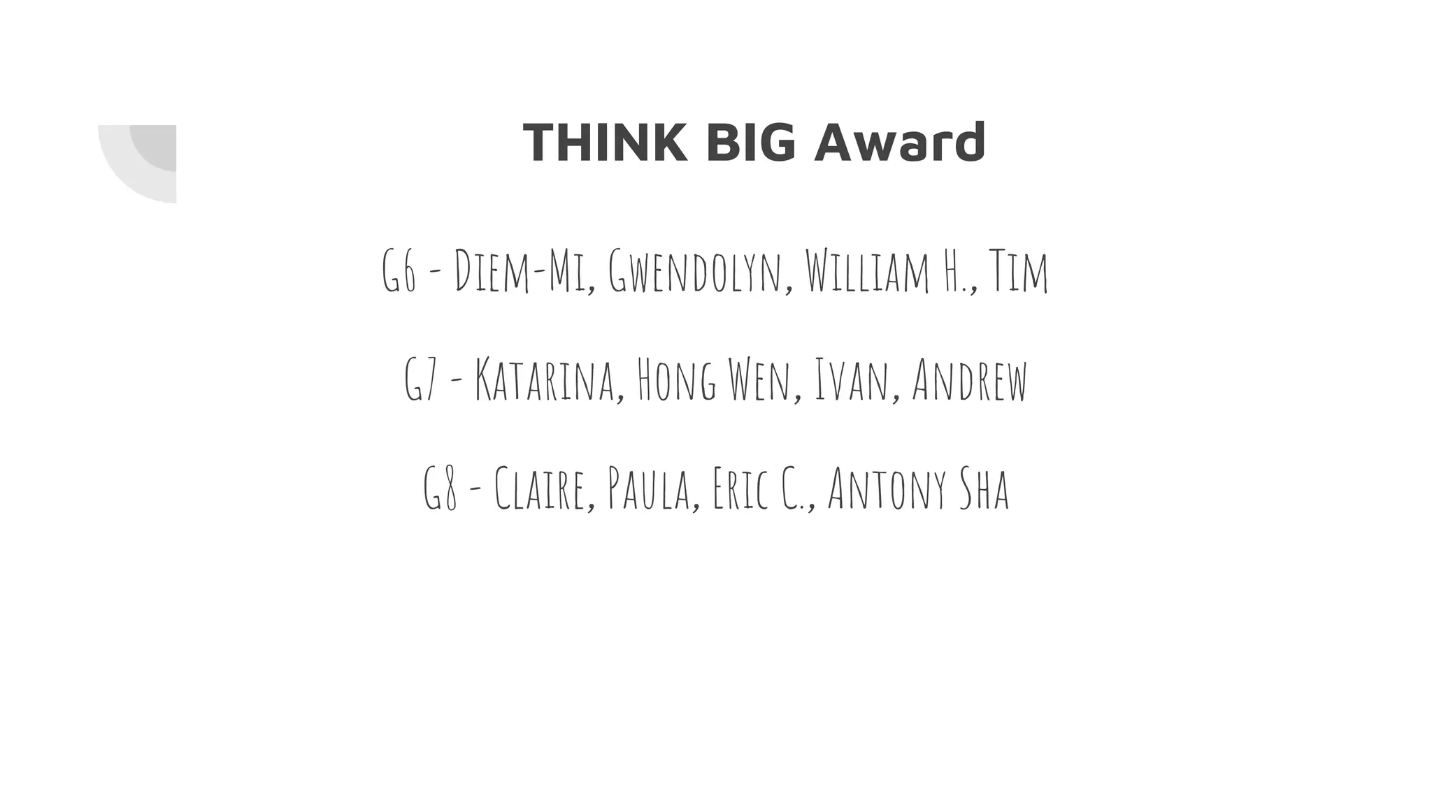 THINK BIG Award
G6 - Diem-Mi, Gwendolyn, William H., Tim
G7 - Katarina, Hong Wen, Ivan, Andrew
G8 - Claire, Paula, Eric C., Antony Sha
 