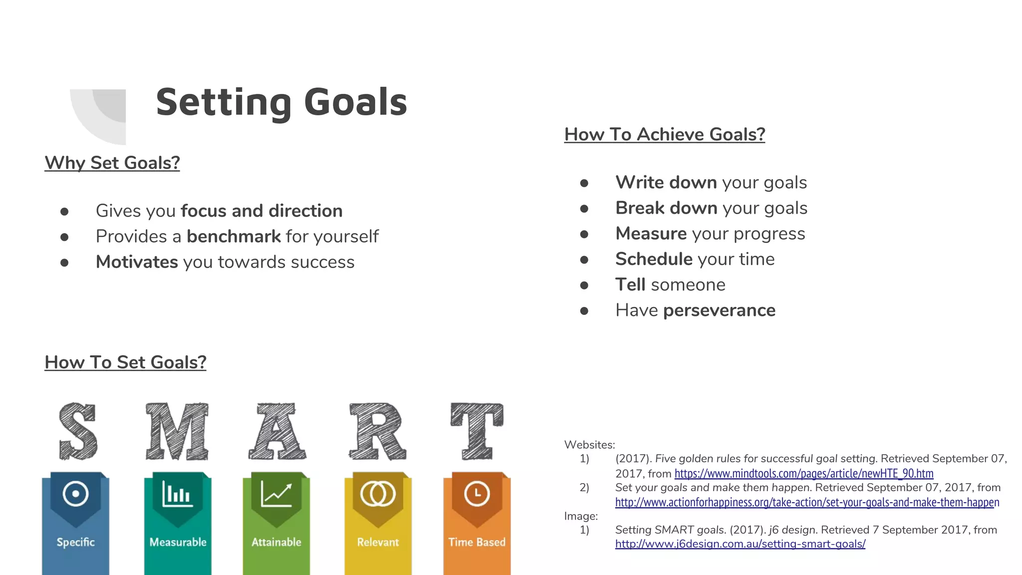 Setting Goals
Why Set Goals?
● Gives you focus and direction
● Provides a benchmark for yourself
● Motivates you towards success
How To Set Goals?
How To Achieve Goals?
● Write down your goals
● Break down your goals
● Measure your progress
● Schedule your time
● Tell someone
● Have perseverance
Websites:
1) (2017). Five golden rules for successful goal setting. Retrieved September 07,
2017, from https://www.mindtools.com/pages/article/newHTE_90.htm
2) Set your goals and make them happen. Retrieved September 07, 2017, from
http://www.actionforhappiness.org/take-action/set-your-goals-and-make-them-happen
Image:
1) Setting SMART goals. (2017). j6 design. Retrieved 7 September 2017, from
http://www.j6design.com.au/setting-smart-goals/
 