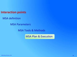 38Subhodeep Krishna Deb
MSA definition
MSA Parameters
MSA Tools & Methods
MSA Plan & Execution
Interaction points
 
