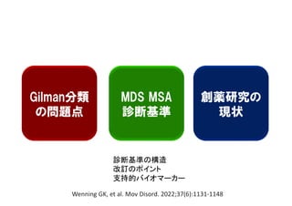 Gilman分類
の問題点
MDS MSA
診断基準
創薬研究の
現状
診断基準の構造
改訂のポイント
支持的バイオマーカー
Wenning GK, et al. Mov Disord. 2022;37(6):1131-1148
 