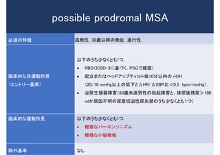 必須の特徴 孤発性，30歳以降の発症，進行性
臨床的な非運動所見
（エントリー基準）
以下のうち少なくとも1つ．
 RBD（ICSD-3に基づく，PSGで確認）
 起立またはヘッドアップティルト後10分以内の nOH
（20/10 mmHg以上の低下とΔHR/ΔSBP比＜0.5 bpm/mmHg）．
 泌尿生殖器障害（60歳未満男性の勃起障害と，排尿後残尿＞100
mlか原因不明の尿意切迫性尿失禁のうち少なくとも１つ）
臨床的な運動所見 以下のうち少なくとも1つ．
 軽微なパーキンソニズム
 軽微な小脳微候
除外基準 なし
possible prodromal MSA
 