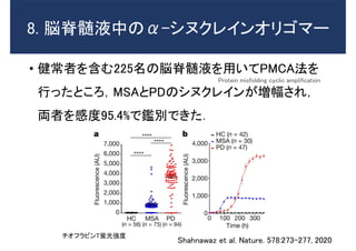 8. 脳脊髄液中のα-シヌクレインオリゴマー
• 健常者を含む225名の脳脊髄液を用いてPMCA法を
行ったところ，MSAとPDのシヌクレインが増幅され，
両者を感度95.4%で鑑別できた．
Shahnawaz et al. Nature. 578:273-277, 2020
チオフラビンT蛍光強度
Protein misfolding cyclic amplification
 