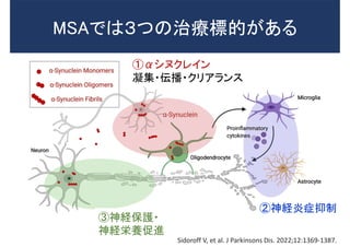 MSAでは３つの治療標的がある
①αシヌクレイン
凝集・伝播・クリアランス
③神経保護・
神経栄養促進
②神経炎症抑制
Sidoroff V, et al. J Parkinsons Dis. 2022;12:1369-1387.
 