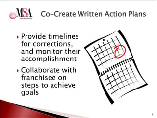 Co-Create Written Action Plans




Provide timelines
for corrections,
and monitor their
accomplishment
Collaborate with
franchisee on
steps to achieve
goals
8

 