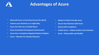Advantages of Azure
• Microsoft Azure is Fast-Paced Across the World
• Enhance your Business in an Agile Way
• Azure Can Take You to Global Reach
• Azure Associated Development Environment
• Azure Has a Complete Integrated Delivery Pipeline
• Azure – Monster for Disaster Recovery
• Adopt to Pocket-Friendly Azure
• Secure Your Business with Azure
• Bound with Compliance
• Instant Azure – Deploy anytime and anywhere
• Azure – Measurable and Flexible
 