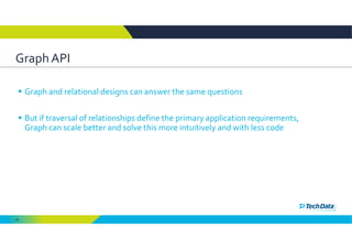 48
Graph API 
 Graph and relational designs can answer the same questions
 But if traversal of relationships define the primary application requirements, 
Graph can scale better and solve this more intuitively and with less code
 