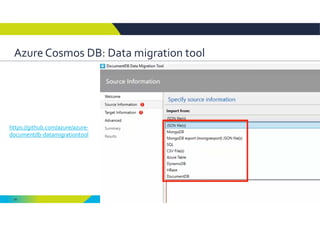 99
Azure Cosmos DB: Data migration tool
https://github.com/azure/azure‐
documentdb‐datamigrationtool
 