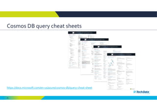 98
Cosmos DB query cheat sheets
https://docs.microsoft.com/en‐us/azure/cosmos‐db/query‐cheat‐sheet
 