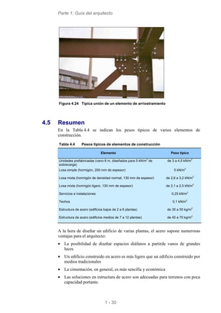 Parte 1: Guía del arquitecto
1 - 30
Figura 4.24 Típica unión de un elemento de arriostramiento
4.5 Resumen
En la Tabla 4.4 se indican los pesos típicos de varios elementos de
construcción.
Tabla 4.4 Pesos típicos de elementos de construcción
Elemento Peso típico
Unidades prefabricadas (vano 6 m, diseñados para 5 kN/m
2
de
sobrecarga)
de 3 a 4,5 kN/m
2
Losa simple (hormigón, 200 mm de espesor) 5 kN/m
2
Losa mixta (hormigón de densidad normal, 130 mm de espesor) de 2,6 a 3,2 kN/m
2
Losa mixta (hormigón ligero, 130 mm de espesor) de 2,1 a 2,5 kN/m
2
Servicios e instalaciones 0,25 kN/m
2
Techos 0,1 kN/m
2
Estructura de acero (edificios bajos de 2 a 6 plantas) de 35 a 50 kg/m
2
Estructura de acero (edificios medios de 7 a 12 plantas) de 40 a 70 kg/m
2
A la hora de diseñar un edificio de varias plantas, el acero supone numerosas
ventajas para el arquitecto:
• La posibilidad de diseñar espacios diáfanos a partirde vanos de grandes
luces
• Un edificio construido en acero es más ligero que un edificio construido por
medios tradicionales
• La cimentación, en general, es más sencilla y económica
• Las soluciones en estructura de acero son adecuadas para terrenos con poca
capacidad portante.
 
