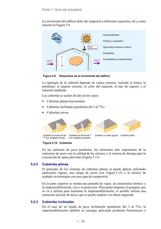 Parte 1: Guía del arquitecto
1 - 38
La envolvente del edificio debe dar respuesta a diferentes requisitos, tal y como
muestra la Figura 5.9.
viento
TO
Nieve,
Mantenimient
viento
Impermeabilidad
Presión y subpresión
Higrometría externa e interna
Durabilidad
Accesibilidad y mantenimiento
Figura 5.9 Requisitos de la envolvente del edíficio
La tipología de la cubierta depende de varios criterios, incluida la forma, la
pendiente, el aspecto externo, el color del material, el tipo de soporte y el
material empleado.
Las cubiertas se suelen dividir en tres tipos:
• Cubiertas planas horizontales
• Cubiertas inclinadas (pendiente del 3 al 7%)
• Cubiertas curvas
Cubierta en forma de en
'T' con acabado frontal
Cubierta en forma de T
con acabado inclinado
Cubierta a cuatro aguas Cubierta plana
Figura 5.10 Cubiertas
En las cubiertas de poca pendiente, los elementos más importantes de la
estructura de acero son la calidad de las uniones y el sistema de drenaje para la
evacuación de aguas pluviales (Figura 5.11).
5.2.2 Cubiertas planas
El principio de los sistemas de cubiertas planas se puede aplicar utilizando
particiones ligeras, una chapa de acero (ver Figura 5.12) o la técnica de
acabado en hormigón con una capa de compresión.
En la parte superior se instala una pantalla de vapor, un aislamiento térmico y
la impermeabilización, con o si protección. Para poder disponer el parapeto que
se va a utilizar para aumentar la impermeabilización, es posible utilizar una
estructura auxiliar de acero, que se puede ampliar a la altura requerida.
5.2.3 Cubiertas inclinadas
En el caso de un tejado de poca inclinación (pendiente del 3 al 7%), la
impermeabilización también se consigue aplicando productos bituminosos o
 