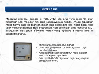 METER ARUS
Mengukur nilai arus semasa di PSU. Untuk nilai arus yang besar CT akan
digunakan bagi menukar nilai arus. Sekiranya suis pemilih (A/S/S) digunakan
maka hanya satu (1) bilangan meter arus berbanding tiga meter pada yang
tidak menggunakannya. Bagi sesetengah PSU pemintaan arus maksima (MD)
ditunjukkan oleh jarum berwarna merah yang dipasang bersama-sama di
dalam meter arus.
• Mengukur penggunaan arus di PSU
• Untuk arus yang besar C.T akan digunakan bagi
menukar nilai arus.
• Kalau palang busbar bersaiz 500A maka alatubah
arus 500/5A perlu digunakan.
• Suis pemilih (A/S/S) digunakan bagi mengurangkan
penggunaan meter.
 