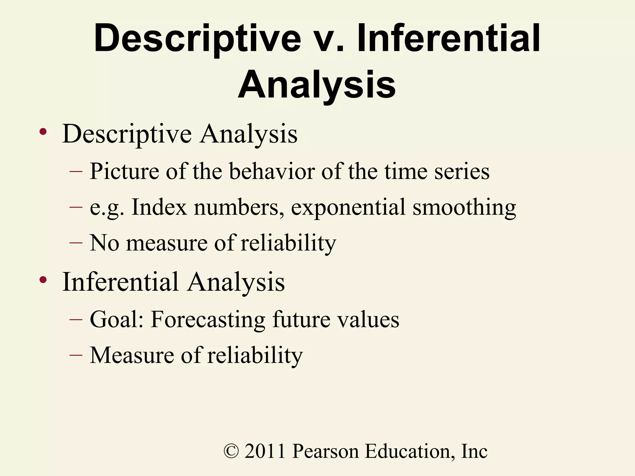 Descriptive v. Inferential
Analysis
• Descriptive Analysis
– Picture of the behavior of the time series
– e.g. Index numbers, exponential smoothing
– No measure of reliability

• Inferential Analysis
– Goal: Forecasting future values
– Measure of reliability

© 2011 Pearson Education, Inc

 