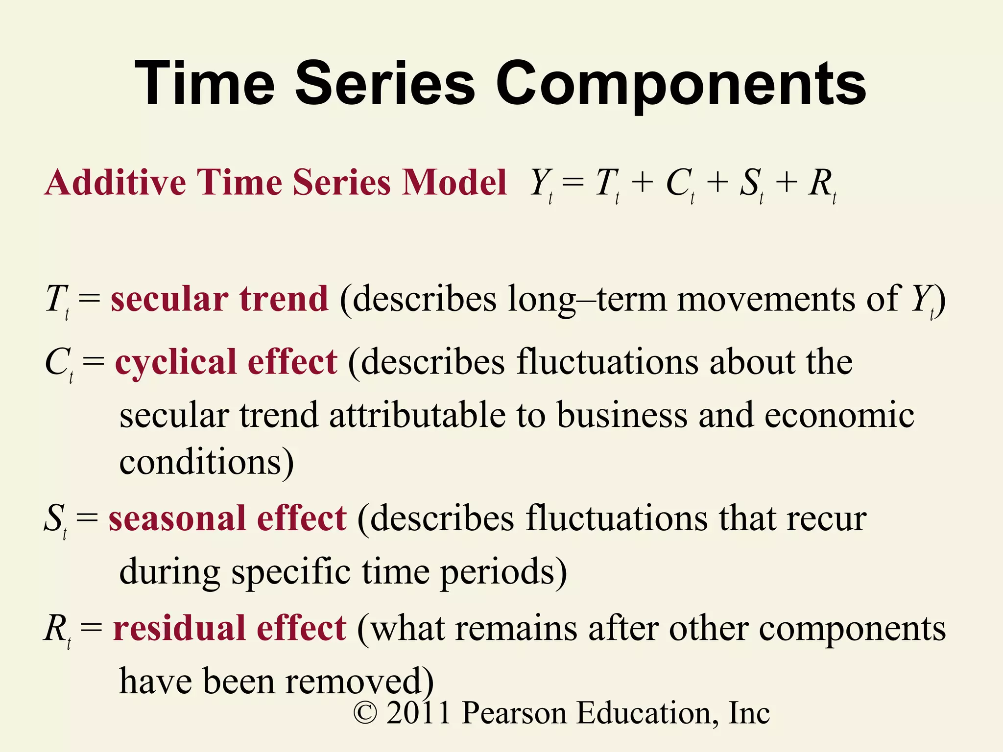 Time Series Components
Additive Time Series Model Yt = Tt + Ct + St + Rt
Tt = secular trend (describes long–term movements of Yt)
Ct = cyclical effect (describes fluctuations about the
secular trend attributable to business and economic
conditions)
St = seasonal effect (describes fluctuations that recur
during specific time periods)
Rt = residual effect (what remains after other components
have been removed)
© 2011 Pearson Education, Inc

 