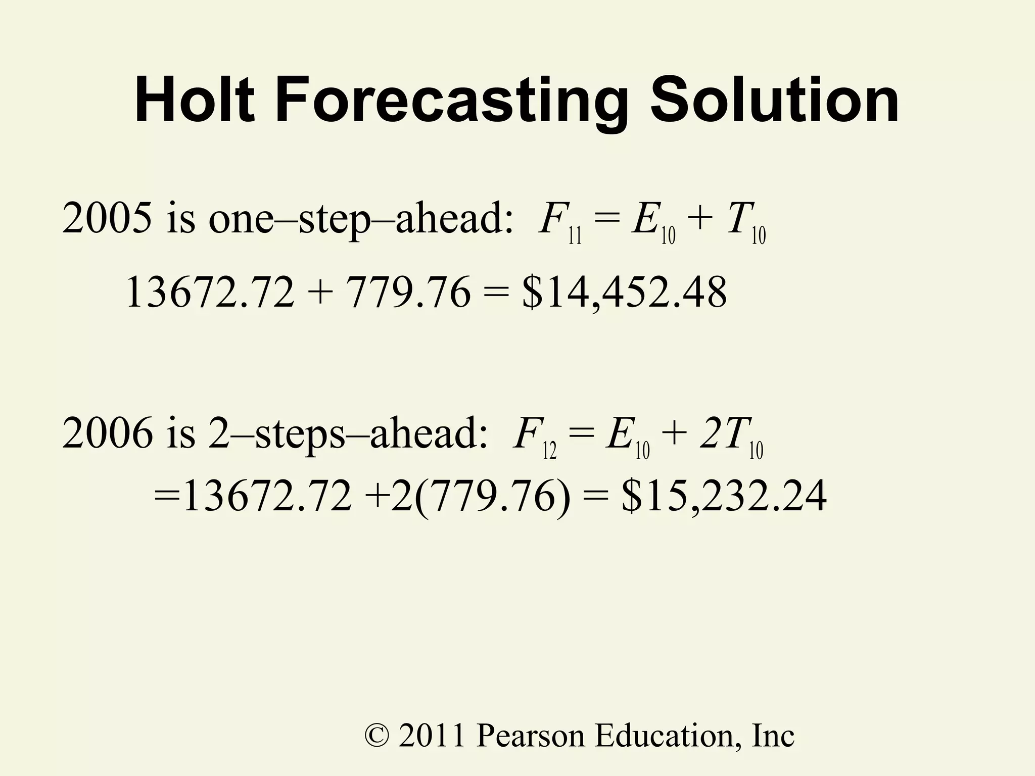 Holt Forecasting Solution
2005 is one–step–ahead: F11 = E10 + T10
13672.72 + 779.76 = $14,452.48
2006 is 2–steps–ahead: F12 = E10 + 2T10
=13672.72 +2(779.76) = $15,232.24

© 2011 Pearson Education, Inc

 