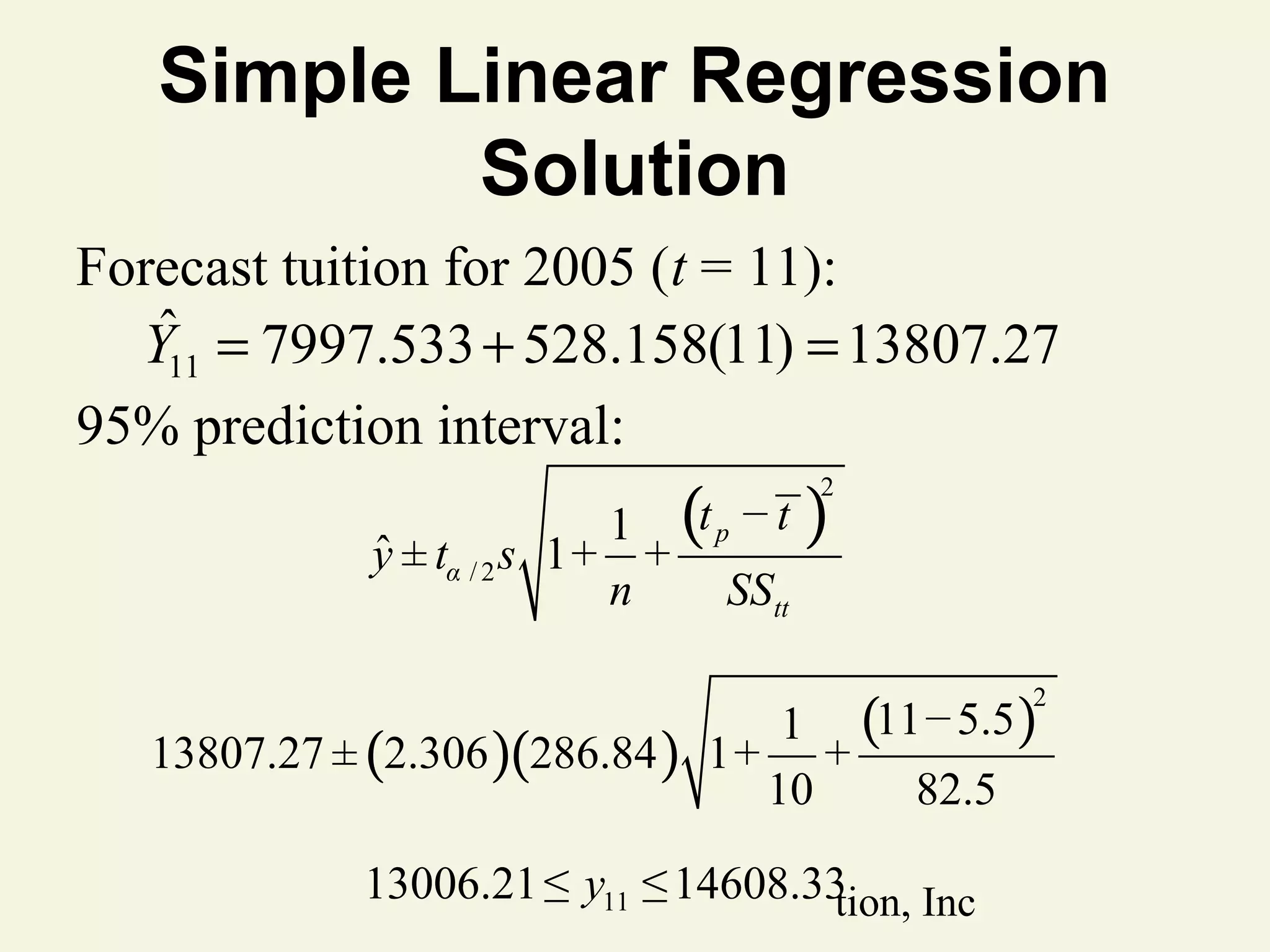 Simple Linear Regression
Solution
Forecast tuition for 2005 (t = 11):
ˆ
Y11 = 7997.533 + 528.158(11) = 13807.27
95% prediction interval:
1 (t p − t
ˆ
y ± tα / 2 s 1 + +
n
SStt
13807.27 ± (2.306 )(286.84 )

)

2

1 (11 − 5.5 )
1+ +
10
82.5

13006.21 ≤ Pearson Education, Inc
© 2011 y11 ≤ 14608.33

2

 