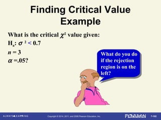 7-102Copyright © 2014, 2011, and 2008 Pearson Education, Inc.
Finding Critical Value
Example
What is the critical χ2
value given:
Ha: σ 2
< 0.7
n = 3
α =.05?
What do you do
if the rejection
region is on the
left?
 