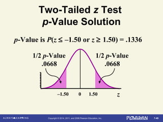 7-49Copyright © 2014, 2011, and 2008 Pearson Education, Inc.
Two-Tailed z Test
p-Value Solution
1/2 p-Value
.0668
1/2 p-Value
.0668
p-Value is P(z ≤ –1.50 or z ≥ 1.50) = .1336
z0 1.50–1.50
 