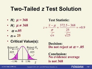 7-67Copyright © 2014, 2011, and 2008 Pearson Education, Inc.
Two-Tailed z Test Solution
• H0:
• Ha:
• α =
• n =
• Critical Value(s):
Test Statistic:
Decision:
Conclusion:
µ = 368
µ ≠ 368
.05
25
z0 1.96–1.96
.025
Reject H0 Reject H0
.025
z =
x − µ
σ
n
=
372.5− 368
25
25
= +0.9
Do not reject at α = .05
No evidence average
is not 368
 