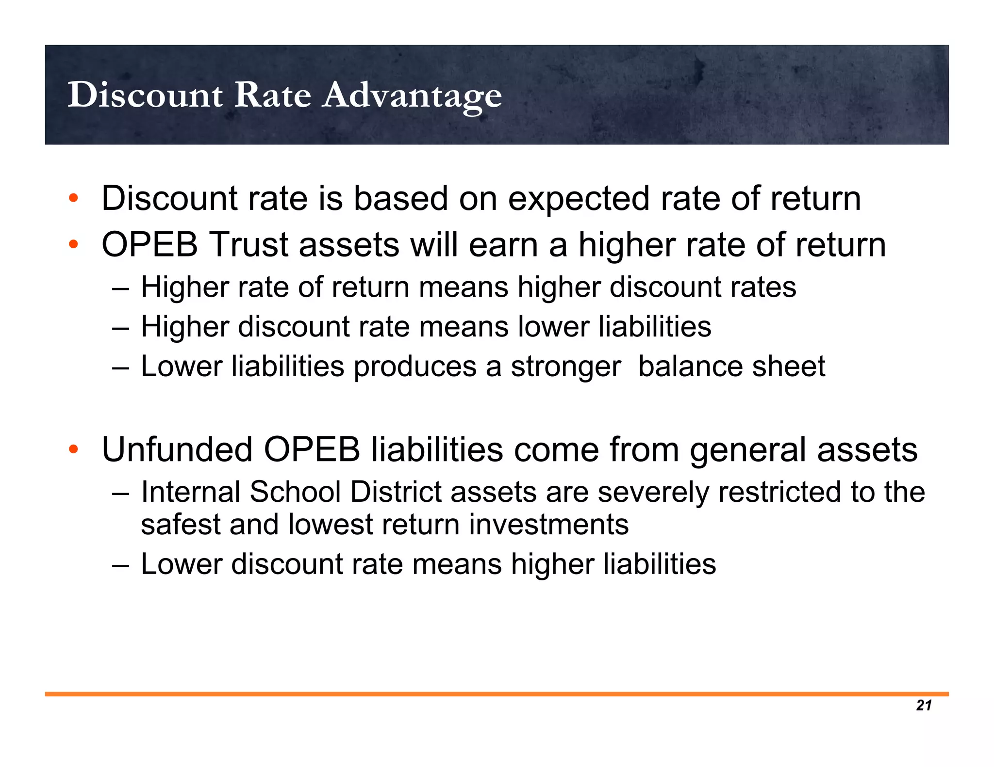 Discount Rate Advantage

• Discount rate is based on expected rate of return
• OPEB Trust assets will earn a higher rate of return
  – Higher rate of return means higher discount rates
  – Higher discount rate means lower liabilities
  – Lower liabilities produces a stronger balance sheet

• Unfunded OPEB liabilities come from general assets
  – Internal School District assets are severely restricted to the
    safest and lowest return investments
  – Lower discount rate means higher liabilities



                                                                 21
 