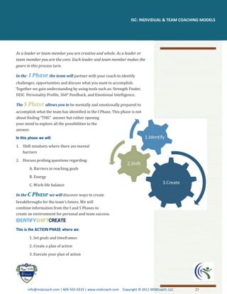 ISC: INDIVIDUAL & TEAM COACHING MODELS




As a leader or team member you are creative and whole. As a leader or
team member you are the core. Each leader and team member makes the
gears in this process turn.

In the   I Phase the team will partner with your coach to identify
challenges, opportunities and discuss what you want to accomplish.
Together we gain understanding by using tools such as: Strength Finder,
DISC Personality Profile, 360° Feedback, and Emotional Intelligence.

The S    Phase allows you to be mentally and emotionally prepared to
accomplish what the team has identified in the I Phase. This phase is not
about finding “THE” answer but rather opening
your mind to explore all the possibilities to the
answer.



1. Shift mindsets where there are mental
   barriers
2. Discuss probing questions regarding:

         A. Barriers in reaching goals

         B. Energy
         C. Work-life balance

In the C   Phase we will discover ways to create
breakthroughs for the team’s future. We will
combine information from the I and S Phases to
create an environment for personal and team success.




         1. Set goals and timeframes

         2. Create a plan of action
         3. Execute your plan of action




         info@msbcoach.com | 804-502-4319 | www.msbcoach.com Copyright © 2011 MSBCoach, LLC    23
 