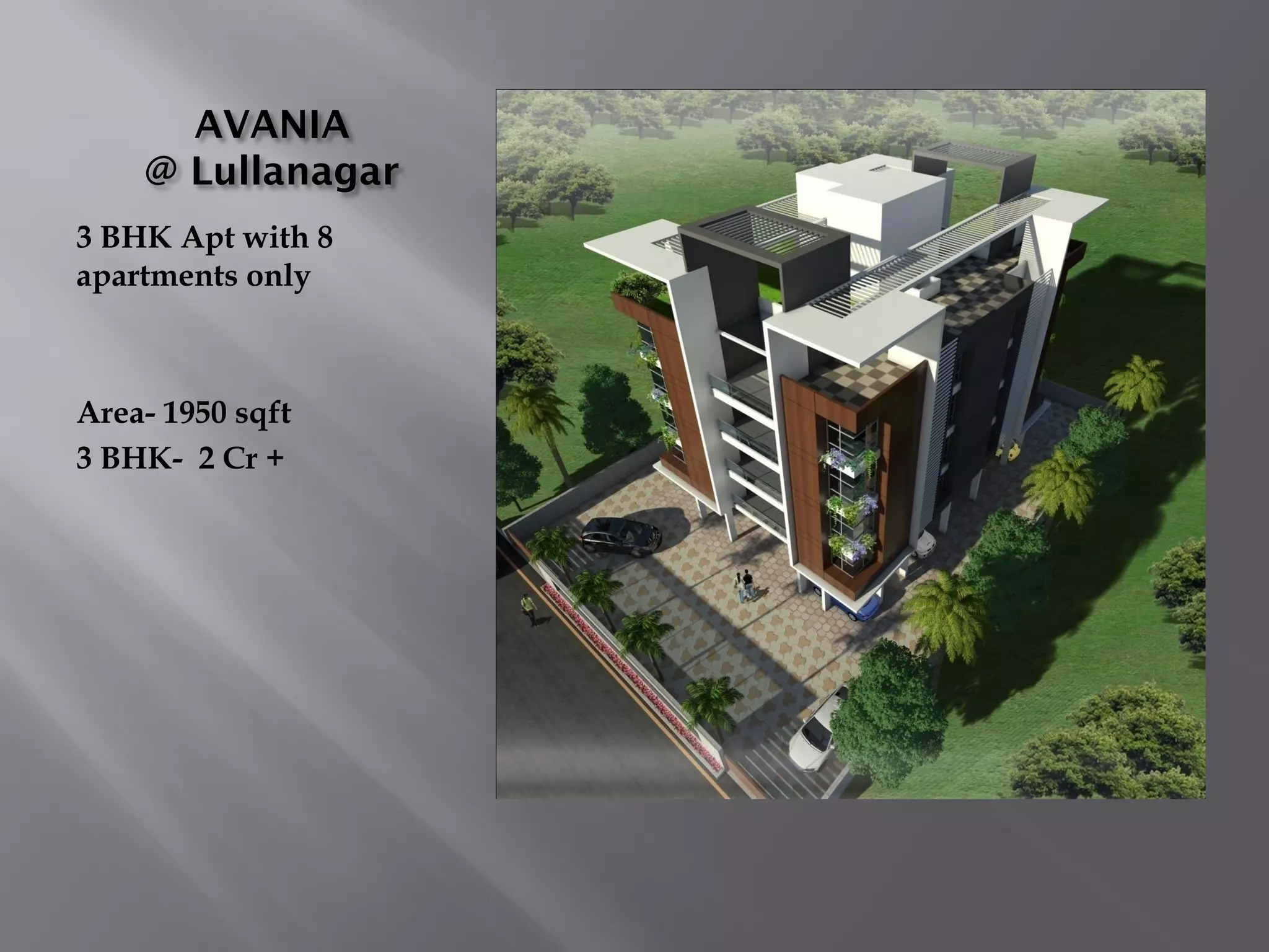 AVANIA
@ Lullanagar
3 BHK Apt with 8
apartments only
Area- 1950 sqft
3 BHK- 2 Cr +
 