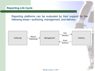 Reporting Life Cycle


   Reporting platforms can be evaluated by their support for the
   following areas—authoring, management, and delivery.




                            Monday, January 11, 2010
 