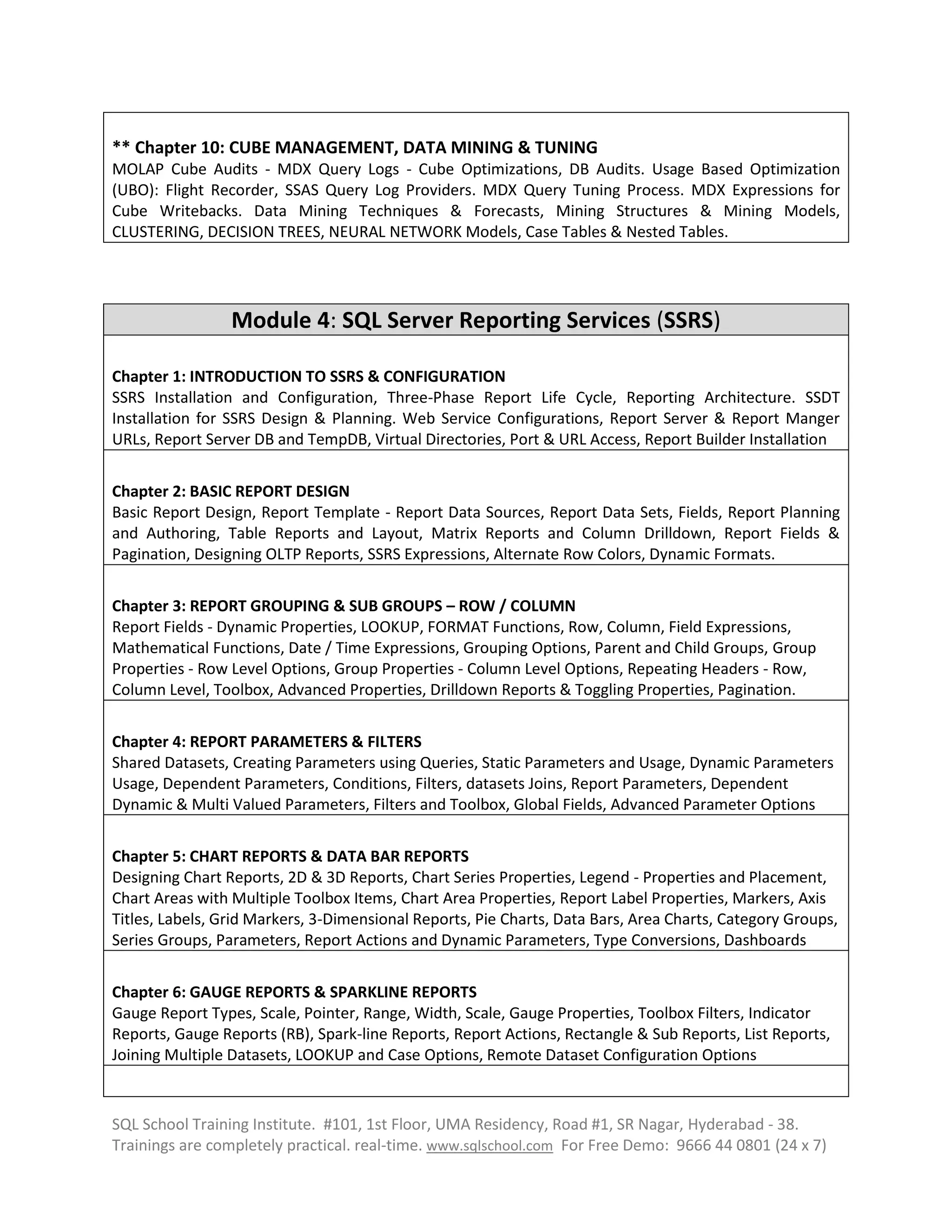 SQL School Training Institute. #101, 1st Floor, UMA Residency, Road #1, SR Nagar, Hyderabad - 38.
Trainings are completely practical. real-time. www.sqlschool.com For Free Demo: 9666 44 0801 (24 x 7)
** Chapter 10: CUBE MANAGEMENT, DATA MINING & TUNING
MOLAP Cube Audits - MDX Query Logs - Cube Optimizations, DB Audits. Usage Based Optimization
(UBO): Flight Recorder, SSAS Query Log Providers. MDX Query Tuning Process. MDX Expressions for
Cube Writebacks. Data Mining Techniques & Forecasts, Mining Structures & Mining Models,
CLUSTERING, DECISION TREES, NEURAL NETWORK Models, Case Tables & Nested Tables.
Module 4: SQL Server Reporting Services (SSRS)
Chapter 1: INTRODUCTION TO SSRS & CONFIGURATION
SSRS Installation and Configuration, Three-Phase Report Life Cycle, Reporting Architecture. SSDT
Installation for SSRS Design & Planning. Web Service Configurations, Report Server & Report Manger
URLs, Report Server DB and TempDB, Virtual Directories, Port & URL Access, Report Builder Installation
Chapter 2: BASIC REPORT DESIGN
Basic Report Design, Report Template - Report Data Sources, Report Data Sets, Fields, Report Planning
and Authoring, Table Reports and Layout, Matrix Reports and Column Drilldown, Report Fields &
Pagination, Designing OLTP Reports, SSRS Expressions, Alternate Row Colors, Dynamic Formats.
Chapter 3: REPORT GROUPING & SUB GROUPS – ROW / COLUMN
Report Fields - Dynamic Properties, LOOKUP, FORMAT Functions, Row, Column, Field Expressions,
Mathematical Functions, Date / Time Expressions, Grouping Options, Parent and Child Groups, Group
Properties - Row Level Options, Group Properties - Column Level Options, Repeating Headers - Row,
Column Level, Toolbox, Advanced Properties, Drilldown Reports & Toggling Properties, Pagination.
Chapter 4: REPORT PARAMETERS & FILTERS
Shared Datasets, Creating Parameters using Queries, Static Parameters and Usage, Dynamic Parameters
Usage, Dependent Parameters, Conditions, Filters, datasets Joins, Report Parameters, Dependent
Dynamic & Multi Valued Parameters, Filters and Toolbox, Global Fields, Advanced Parameter Options
Chapter 5: CHART REPORTS & DATA BAR REPORTS
Designing Chart Reports, 2D & 3D Reports, Chart Series Properties, Legend - Properties and Placement,
Chart Areas with Multiple Toolbox Items, Chart Area Properties, Report Label Properties, Markers, Axis
Titles, Labels, Grid Markers, 3-Dimensional Reports, Pie Charts, Data Bars, Area Charts, Category Groups,
Series Groups, Parameters, Report Actions and Dynamic Parameters, Type Conversions, Dashboards
Chapter 6: GAUGE REPORTS & SPARKLINE REPORTS
Gauge Report Types, Scale, Pointer, Range, Width, Scale, Gauge Properties, Toolbox Filters, Indicator
Reports, Gauge Reports (RB), Spark-line Reports, Report Actions, Rectangle & Sub Reports, List Reports,
Joining Multiple Datasets, LOOKUP and Case Options, Remote Dataset Configuration Options
 