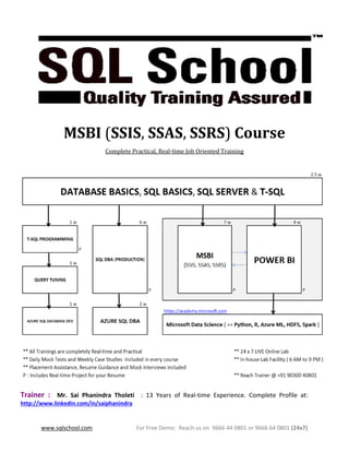 www.sqlschool.com For Free Demo: Reach us on 9666 44 0801 or 9666 64 0801 (24x7)
MSBI (SSIS, SSAS, SSRS) Course
Complete Practical, Real-time Job Oriented Training
Trainer : Mr. Sai Phanindra Tholeti : 13 Years of Real-time Experience. Complete Profile at:
http://www.linkedin.com/in/saiphanindra
 