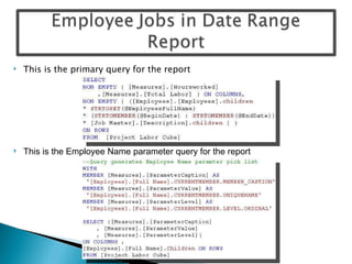 This is the primary query for the report This is the Employee Name parameter query for the report 