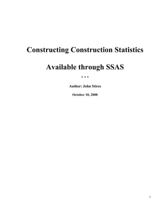 Constructing Construction Statistics Available through SSAS ,[object Object],Author: John Stires October 10, 2008 Table of Contents TOC  
1-3
     I.Overview PAGEREF _Toc211525246  3II.Component Parts PAGEREF _Toc211525247  3A.Creating the Cube PAGEREF _Toc211525249  31.Setting up the Data Source Connection to the Database. PAGEREF _Toc211525251  32.Build the cube PAGEREF _Toc211525253  33.Created Dimensions PAGEREF _Toc211525255  3B.MDX Querie PAGEREF _Toc211525257  51.Job Summaries PAGEREF _Toc211525259  52.Overhead Summaries PAGEREF _Toc211525261  61.Materials Summaries PAGEREF _Toc211525263  72.Labor Summaries PAGEREF _Toc211525265  7C.Key Performance Indicators ( KPIs). PAGEREF _Toc211525267  81.% Open Receivables PAGEREF _Toc211525269  82.Increase in the Number of Jobs PAGEREF _Toc211525271  83.Percent Overhead PAGEREF _Toc211525273  84.Percent Profit. PAGEREF _Toc211525275  95.Increase in Percent of Overhead by Category. PAGEREF _Toc211525277  9Appendix A - All Works DS Data Source View PAGEREF _Toc211525279  11Appendix B - All Works Cube  Design View PAGEREF _Toc211525280  12Appendix C  MDX Job Master Queries PAGEREF _Toc211525281  13Appendix D  MDX Overhead Queries PAGEREF _Toc211525282  25Appendix E  MDX Materials Queries PAGEREF _Toc211525283  28Appendix F  MDX Labor Queries PAGEREF _Toc211525284  32Appendix G  KPIs (Key Performance Indicators PAGEREF _Toc211525285  37 Overview TC 
Overview
  C  
1
 This project creates the Cubes and Dimensions necessary to generate MDX Queries and Key Performance Indicators (KPIs) for a simulated Construction company.  The focus of the data for this project is on data for labor, materials, overhead, and summarized job information.  The data was loaded from a zipped database and a cube and its associated dimension and hierarchies.  The Data Source and Data Source Views were defined.  Once this was done, the cube was created and then dimensions were created in order to organize the data in such a way as to enable the MDX queries and KPIs to perform their functions efficiently.The net result was a collection of MDX queries and KPIs showing critical business information in a way that it can be quickly analyzed. Component Parts TC 
Component Parts
  C  
1
 There were three main component parts to this project: Creating the cube Creating the MDX Queries Creating the KPIs Creating the Cube TC 
Creating the Cube
  C  
2
 In creating the cube a data base was supplied containing all of the necessary data to carry this project forward.  The database name was SSASStudentProject. Setting up the Data Source Connection to the Database TC 
Setting up the Data Source Connection to the Database
  C  
3
 . The connection was set to the SSASStudentProject database located in the folder: C:etFocusBIProjectstudentVersionSASStudentProjectSASStudentProjectin A Data Source View was set up to design the chart showing the data relationships and establishing the Fact Tables (Measures) and the Dimensions.  This chart can be viewed in Appendix A. Build the cube TC 
Build the cube
  C  
3
  once the database connect had been established and the Data Source View created, the Cube, AllWorks Cube was created.  As this was accomplished, a basic chart was created showing the relationships of the data within the cube.  The wizard was used to create the cube and then the individual elements were adjusted as necessary for producing the desired queries and KPIs.  This Cube Design chart can be seen in Appendix B. Created Dimensions TC 
Created Dimensions
  C  
3
  Measures Fact Tables. Job Labor Facts Hoursworked Job Labor Facts Total Labor Job Material Facts Job Material Facts Count Purchase Amount Job Overhead Summary Facts Job Overhead Summary Facts Count Weekly Over Head Job Summary Facts Additional Labor Profit Amount Received Hours Worked Invoice Amount Job Summary Facts Count Total Labor Cost Total Labor Profit Total Material Cost Total Material Profit Total Overhead Dimensions All Works Calendar Qtr Weekend Date Year Calendar (Hierachy) Year Qtr Weekend Date Client Groupings Client Groupings Grouping Name Clients Clients.Account No Clients.Client Image Clients.Client Name Clients.Clients Clients.Project Manager Clients.Hierarchy Clients Clients – County PK Clients – County PK.Coutny Clients – County PK.County Name County County.County County.County Name Division Division Division Name Employees Cell Phone Employee Flag Employees First Name Full Name Last name Job Master Additional Overhead Pct Client Job Description Job Closed Job Closed Date Job master Material Markup Pct Job Master – Client PK Job Master – Client PK.Account No Job Master – Client PK.Client Image Job Master – Client PK.Client Name Job Master – Client PK.Clients Job Master – Client PK.Project manger Job Master – Client PK.Hierarchy (Hierarchy) Job Master – Client PK.Clients Job Master – Client PK – County PK Job Master – Client PK – County PK.County Job Master – Client PK – County PK.County Name Material Types Description Material Types Overhead Description Overhead HierarchiesTwo dimensions had hierarchies. All Works CalendarThree hierarchies were created for the calendar based on: Year Qtr Weekend Date ClientsA single hierarchy based on the Client ID. Job Master – Client PKA single hierarchy based on Job Master – Client PK.Clients MDX Queries TC 
MDX Queries
  C  
2
 The MDX queries are grouped in to several categories.  They will be presented in those groupings.  An example of the display of each can be found in the appendixes as indicated in the description for each query. Job Summaries TC 
Job Summaries
  C  
3
 Screen prints for this group can be found in Appendix C. JobSummary01.mdxRetrieve total labor costs by Client JobSummary02.mdxRetrieves total labor costs by Client, and filters out any NULL values JobSummary03.mdxRetrieve total labor costs by County JobSummary04.mdxRetrieve total labor costs by Division JobSummary05.mdxRetrieve total labor costs by Client Account grouping JobSummary06.mdxBy client, retrieve total labor cost, total material cost, and total overhead. JobSummary07.mdxDo the same (retrieve 3 measures) and add a 4th measure, a calculated measure, that adds all three costs. JobSummary08.mdxRetrieve and calculate the total costs, the total profit, and total profit %, for each individual job.  The three re calculated as follows: Total costs=total labor cost +  total material cost+ total overhead cost Total profit=labor profit+ material profit+ additional labor overhead profit Total profit %= (total profit / (total cost + total profit))*100 JobSummary09.mdxBy client, retrieves and calculate the total costs, the total profit, and total profit %, for each individual job.  The three re calculated as follows: Total costs=total labor cost +  total material cost+ total overhead cost Total profit=labor profit+ material profit+ additional labor overhead profit Total profit %= (total profit / (total cost + total profit) )*100 JobSummary10.mdxBy client, displays a count of Jobs. JobSummary11.mdxRetrieve all Clients with a Total Labor cost to date greater than 5,000, and the word 'INC' appears in the client name JobSummary12.mdxList the jobs that make up the top 30% of total invoice amount. Overhead Summaries TC 
Overhead Summaries
  C  
3
  JobOverHead01.mdxShows Overhead by Overhead Category for Q3 and Q4 2005 (hint, use the FY Qtr as a dimension). JobOverHead02.mdxShows Overhead by Overhead Category for Q3 and Q4 2005, and also show the % of change between the two. JobOverHead03.mdxShows Overhead  by Overhead Category for all of 2005, order by Overhead Dollar amount descending. Materials Summaries TC 
 Materials Summaries 
  C  
3
  The result set should have 1 column for the purchase amounts for Fuel, Materials, and petty Cash. JobOverMaterials02.mdxShows Material purchase amounts for 2005, broken out by Material Purchase type and client. JobOverMaterials03.mdxShows a list of total client material purchases for 2005, in descending purchase amount order.  The result set should show at the top which client required the most materials. JobOverMaterials04.mdxShows jobs in order of purchase amount and then show the breakdown in each job of material type  (for instance, Job A, total purchase amount, amount for fuel, amount for materials, amount for petty cash, etc.).  The general order should be by total purchase amount, so that the top of the result set shows the jobs that required the highest purchase amounts. Labor Summaries TC 
Labor Summaries
  C  
3
  JobOverLabor01.mdxLists Hours Worked and Total Labor for each employee for 2005, along with the labor rate (Total labor / Hours worked). JobOverLabor02.mdxLists Hours Worked and Total Labor for each employee for 2005, along with the labor rate (Total labor / Hours worked).  The listing will sort the employees by labor rate descending, to see the employees with the highest labor rate at the top. JobOverLabor03.mdxFor 2005, show Total Hours worked, total labor dollars, and total labor rate for contractors (employee flag is false) and employees (employee flag is true). JobOverLabor04.mdxFor 2005, this shows the job and the top three employees who worked the most hours.  Show the jobs in job order, and within the job show the employees in hours worked order. JobOverLabor04.mdxShows All employees for 2005 Q4, and four periods ago, for total hours worked in the Quarter. Key Performance Indicators ( KPIs) TC 
Key Performance Indicators ( KPIs)
  C  
2
 Five KPIs were created using the Allworks Cube and its associated  dimensions.  They are briefly described below.  Where possible, when a division provides that possibility for the potential of a “divde by zero” condition, checks are made and steps taken to avoid output errors.  If the denominator turn out to be a zero, the out is converted to 100%. % Open Receivables TC 
% Open Receivables
  C  
3
 This KPI shows, by client, the persent of receivable that are outstanding.  The staus display displays the values and status by client.  See Appendix G to see a screen print of this KPI. Measures and Dimensions Measures Invoice Amount Amount Received DimensionN/A Basic formulaOpen Receivables=Invoice Amount  /  Amount Received Status Indicator is the Traffic Light.  The status values are: Good=0 to 10% Warning=>10% to 20% Bad= >20% Increase in the Number of Jobs TC 
Increase in the Number of Jobs
  C  
3
 This KPI displays the change in the number of jobs by client for the time period of the 2nd quarter of 2006 from the previous quarter. Measures and Dimensions Measures Job Summary Facts Count Dimension(s) All Works Calendar Basic formulaChange in number of Jobs=Job Summary Facts Count of the current quarter -Job Summary Facts Count of the previous quarter FilterThere is a filter in the Excel spreadsheet to select for the 2nd quarter of 2006. Status Indicator is the Traffic Light.  The status values are: Good=Greater than 0 Okay=0 - No Change on the job count Bad= >less than 0 (jobs lost) Percent Overhead TC 
Percent Overhead
  C  
3
 This KPI displays the percent of overhead by job for all jobs. Measures and Dimensions MeasuresA calculated member is used for the sum of the Measures for Total Cost. Total Overhead Total Material Total Labor Cost Dimension(s)N/A Basic formulaPercent Overhead=Total Overhead  /  Total Cost Status Indicator is the Traffic Light..  The status values are: Good=0 to 10% Warning=Greater than 10% to 15% Bad=Greater than 15% Percent Profit TC 
Percent Profit
  C  
3
 This KPI displays the percent of profit for all clients.. Measures and Dimensions MeasuresA calculated member is used for the sum of the Measures for Total Cost. Total Overhead Total Material Total Labor Cost Dimension(s)N/A Basic formulaPercent Overhead=Total Overhead  /  Total Cost Status Indicator is the Traffic Light..  The status values are: Good=0 to 10% Warning=Greater than 10% to 15% Bad=Greater than 15% Increase in Percent of Overhead by Category TC 
Increase in Percent of Overhead by Category
  C  
3
 This KPI displays the change in the persent of Overheadt for the time period of the 2nd quarter of 2006 from the previous quarter. Measures and Dimensions Measures [Job Overhead Summary Facts].[Weekly Over Head] Dimension(s) All Works Calendar Basic formulaFor clarity and ease of reading a calculated member was created to represent the Weekly Overhead for the previous quarter.Change in Percent Overhead=(Weekly Overhead for the current quarter - Weekly Overhead for the previous quarter) -/Weekly Overhead for the previous quarter FilterThere is a filter in the Excel spreadsheet to select for the 2nd quarter of 2006. Status Indicator is the Traffic Light.  The status values are: Good=Less than 10% Okay=10% - 15% Bad= >Greater than 15% Appendix A - All Works DS Data Source View TC 
Appendix A - All Works DS Data Source View
  C  
1
  Appendix B - All Works Cube  Design View TC 
Appendix B - All Works Cube  Design View
  C  
1
  Appendix C  MDX Job Master Queries TC 
Appendix C  MDX Job Master Queries
  C  
1
  1-1Total Labor Costs by Client 1-2Labor Costs by Client with filtering out the Nulls 1-3Total Labor Costs by County 1-4Total Labor Costs by Division 1-5Total LaborCosts by Client Account Grouping 1-6Labor, Material, and Overhead Costs by Client 1-7Labor, Material, and Overhead Costs and then Total Costs by Client 1-8Total Costs, Profit and Percent Profit by Job 1-9Total Costs, Profit and Percent Profit by Client 1-10Job Counts by Client 1-11Clients with Greater than $5,000 and “INC” in Their Name 1-12Top 30% Jobs by Invoice Amount Appendix D  MDX Overhead Queries TC 
Appendix D  MDX Overhead Queries
  C  
1
  2-1Overhead by Category for the Last Two Quarters of 2005 2-2Overhead by Category and the Percent Change for the Last Two Quarters of 2005 2-3Overhead by Category for 2005  -  Highest to Lowest Appendix E  MDX Materials Queries TC 
Appendix E  MDX Materials Queries
  C  
1
  3-1Material Purchases for Fuel, Materials, Petty Cash and Total 3-2Purchase Amounts by Material Type and by Client 3-3Total Material Purchases By Material Type by Client Starting with the  Client with the Highest Total Purchase Amount First 3-4Material Costs Ordered for Each Job Appendix F  MDX Labor Queries TC 
Appendix F  MDX Labor Queries
  C  
1
  4-1Labor Hours Worked, Total Cost and the Labor Rate for 2005 4-2Labor Hours Worked, Total Cost and the Labor Rate, Highest to Lowest  by Rate for 2005 4-3Total Labor Hours Worked and Labor Costs by Employees and Contractors for 2005 4-4Jobs with the Most Labor Hours and the Top Three Employees within Each Job 4-5Total hours Worked for Q4 2005 and the Quarter One year Prior Appendix G  KPIs (Key Performance Indicators TC 
Appendix G  KPIs (Key Performance Indicators
  C  
1
  KPI-1Percent Open Receivables By Client KPI-2Change in the Number of Jobs by Client KPI-3Percent overhead by Job KPI-4Percent Change in Profit by Client KPI-5 