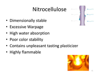 Nitrocellulose
• Dimensionally stable
• Excessive Warpage
• High water absorption
• Poor color stability
• Contains unpleasant tasting plasticizer
• Highly flammable
11
 