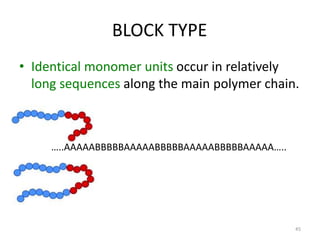 • Identical monomer units occur in relatively
long sequences along the main polymer chain.
…..AAAAABBBBBAAAAABBBBBAAAAABBBBBAAAAA…..
BLOCK TYPE
45
 