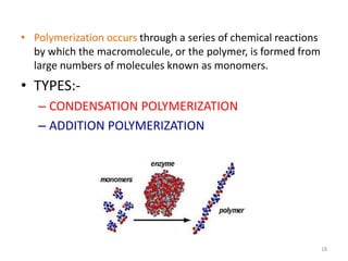 • Polymerization occurs through a series of chemical reactions
by which the macromolecule, or the polymer, is formed from
...