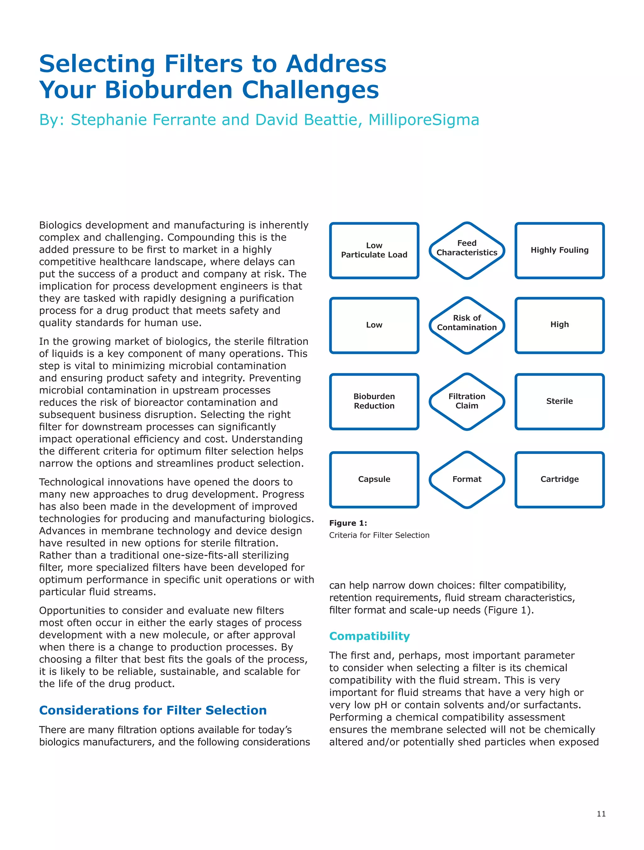11
Biologics development and manufacturing is inherently
complex and challenging. Compounding this is the
added pressure to be first to market in a highly
competitive healthcare landscape, where delays can
put the success of a product and company at risk. The
implication for process development engineers is that
they are tasked with rapidly designing a purification
process for a drug product that meets safety and
quality standards for human use.
In the growing market of biologics, the sterile filtration
of liquids is a key component of many operations. This
step is vital to minimizing microbial contamination
and ensuring product safety and integrity. Preventing
microbial contamination in upstream processes
reduces the risk of bioreactor contamination and
subsequent business disruption. Selecting the right
filter for downstream processes can significantly
impact operational efficiency and cost. Understanding
the different criteria for optimum filter selection helps
narrow the options and streamlines product selection.
Technological innovations have opened the doors to
many new approaches to drug development. Progress
has also been made in the development of improved
technologies for producing and manufacturing biologics.
Advances in membrane technology and device design
have resulted in new options for sterile filtration.
Rather than a traditional one-size-fits-all sterilizing
filter, more specialized filters have been developed for
optimum performance in specific unit operations or with
particular fluid streams.
Opportunities to consider and evaluate new filters
most often occur in either the early stages of process
development with a new molecule, or after approval
when there is a change to production processes. By
choosing a filter that best fits the goals of the process,
it is likely to be reliable, sustainable, and scalable for
the life of the drug product.
Considerations for Filter Selection
There are many filtration options available for today’s
biologics manufacturers, and the following considerations
Figure 1:
Criteria for Filter Selection
Low
Particulate Load
Low
Bioburden
Reduction
Capsule
Highly Fouling
High
Sterile
Cartridge
Feed
Characteristics
Risk of
Contamination
Filtration
Claim
Format
can help narrow down choices: filter compatibility,
retention requirements, fluid stream characteristics,
filter format and scale-up needs (Figure 1).
Compatibility
The first and, perhaps, most important parameter
to consider when selecting a filter is its chemical
compatibility with the fluid stream. This is very
important for fluid streams that have a very high or
very low pH or contain solvents and/or surfactants.
Performing a chemical compatibility assessment
ensures the membrane selected will not be chemically
altered and/or potentially shed particles when exposed
Selecting Filters to Address
Your Bioburden Challenges
By: Stephanie Ferrante and David Beattie, MilliporeSigma
 