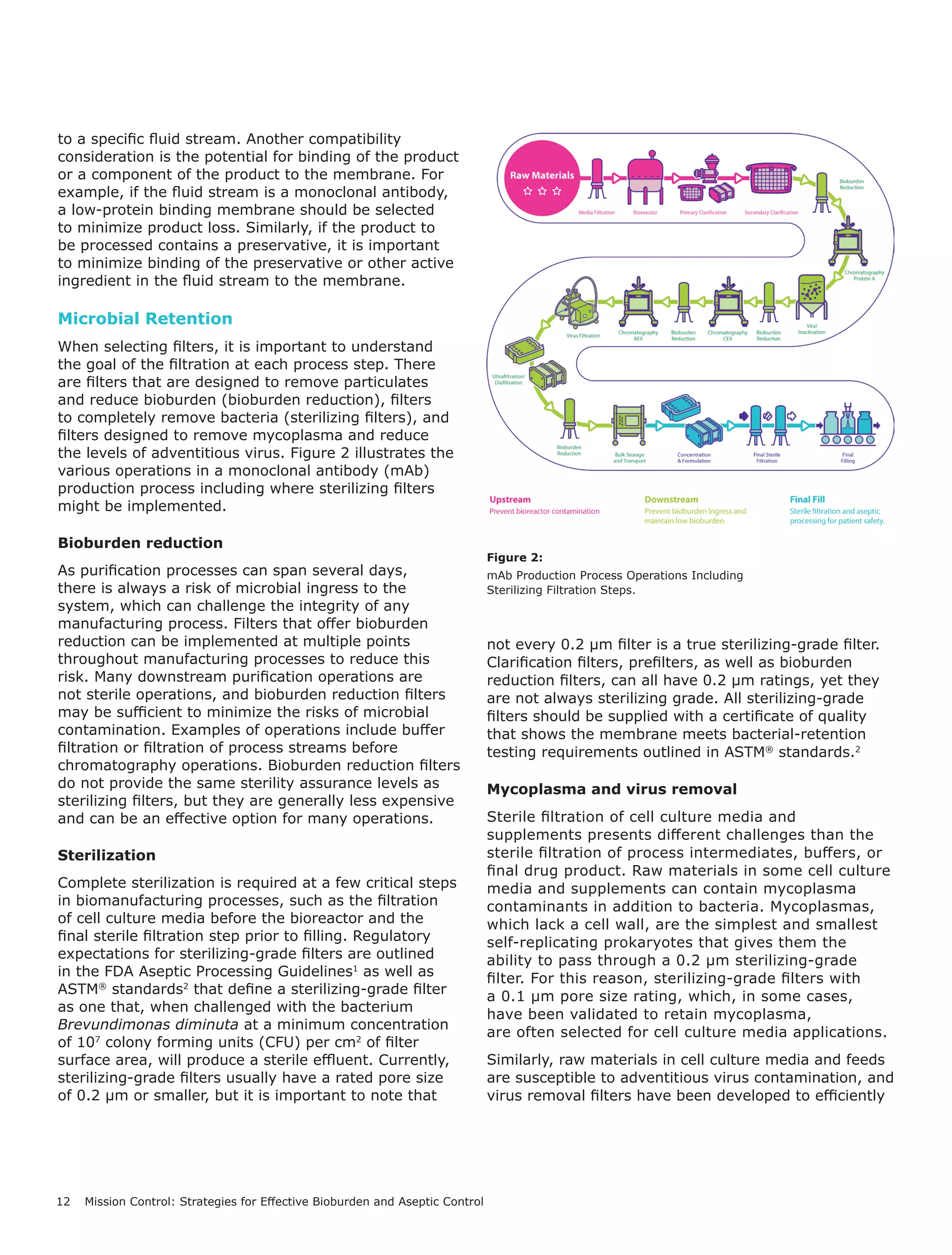 12 Mission Control: Strategies for Effective Bioburden and Aseptic Control
to a specific fluid stream. Another compatibility
consideration is the potential for binding of the product
or a component of the product to the membrane. For
example, if the fluid stream is a monoclonal antibody,
a low-protein binding membrane should be selected
to minimize product loss. Similarly, if the product to
be processed contains a preservative, it is important
to minimize binding of the preservative or other active
ingredient in the fluid stream to the membrane.
Microbial Retention
When selecting filters, it is important to understand
the goal of the filtration at each process step. There
are filters that are designed to remove particulates
and reduce bioburden (bioburden reduction), filters
to completely remove bacteria (sterilizing filters), and
filters designed to remove mycoplasma and reduce
the levels of adventitious virus. Figure 2 illustrates the
various operations in a monoclonal antibody (mAb)
production process including where sterilizing filters
might be implemented.
Bioburden reduction
As purification processes can span several days,
there is always a risk of microbial ingress to the
system, which can challenge the integrity of any
manufacturing process. Filters that offer bioburden
reduction can be implemented at multiple points
throughout manufacturing processes to reduce this
risk. Many downstream purification operations are
not sterile operations, and bioburden reduction filters
may be sufficient to minimize the risks of microbial
contamination. Examples of operations include buffer
filtration or filtration of process streams before
chromatography operations. Bioburden reduction filters
do not provide the same sterility assurance levels as
sterilizing filters, but they are generally less expensive
and can be an effective option for many operations.
Sterilization
Complete sterilization is required at a few critical steps
in biomanufacturing processes, such as the filtration
of cell culture media before the bioreactor and the
final sterile filtration step prior to filling. Regulatory
expectations for sterilizing-grade filters are outlined
in the FDA Aseptic Processing Guidelines1
as well as
ASTM®
standards2
that define a sterilizing-grade filter
as one that, when challenged with the bacterium
Brevundimonas diminuta at a minimum concentration
of 107
colony forming units (CFU) per cm2
of filter
surface area, will produce a sterile effluent. Currently,
sterilizing-grade filters usually have a rated pore size
of 0.2 μm or smaller, but it is important to note that
Figure 2:
mAb Production Process Operations Including
Sterilizing Filtration Steps.
not every 0.2 μm filter is a true sterilizing-grade filter.
Clarification filters, prefilters, as well as bioburden
reduction filters, can all have 0.2 μm ratings, yet they
are not always sterilizing grade. All sterilizing-grade
filters should be supplied with a certificate of quality
that shows the membrane meets bacterial-retention
testing requirements outlined in ASTM®
standards.2
Mycoplasma and virus removal
Sterile filtration of cell culture media and
supplements presents different challenges than the
sterile filtration of process intermediates, buffers, or
final drug product. Raw materials in some cell culture
media and supplements can contain mycoplasma
contaminants in addition to bacteria. Mycoplasmas,
which lack a cell wall, are the simplest and smallest
self-replicating prokaryotes that gives them the
ability to pass through a 0.2 μm sterilizing-grade
filter. For this reason, sterilizing-grade filters with
a 0.1 μm pore size rating, which, in some cases,
have been validated to retain mycoplasma,
are often selected for cell culture media applications.
Similarly, raw materials in cell culture media and feeds
are susceptible to adventitious virus contamination, and
virus removal filters have been developed to efficiently
 