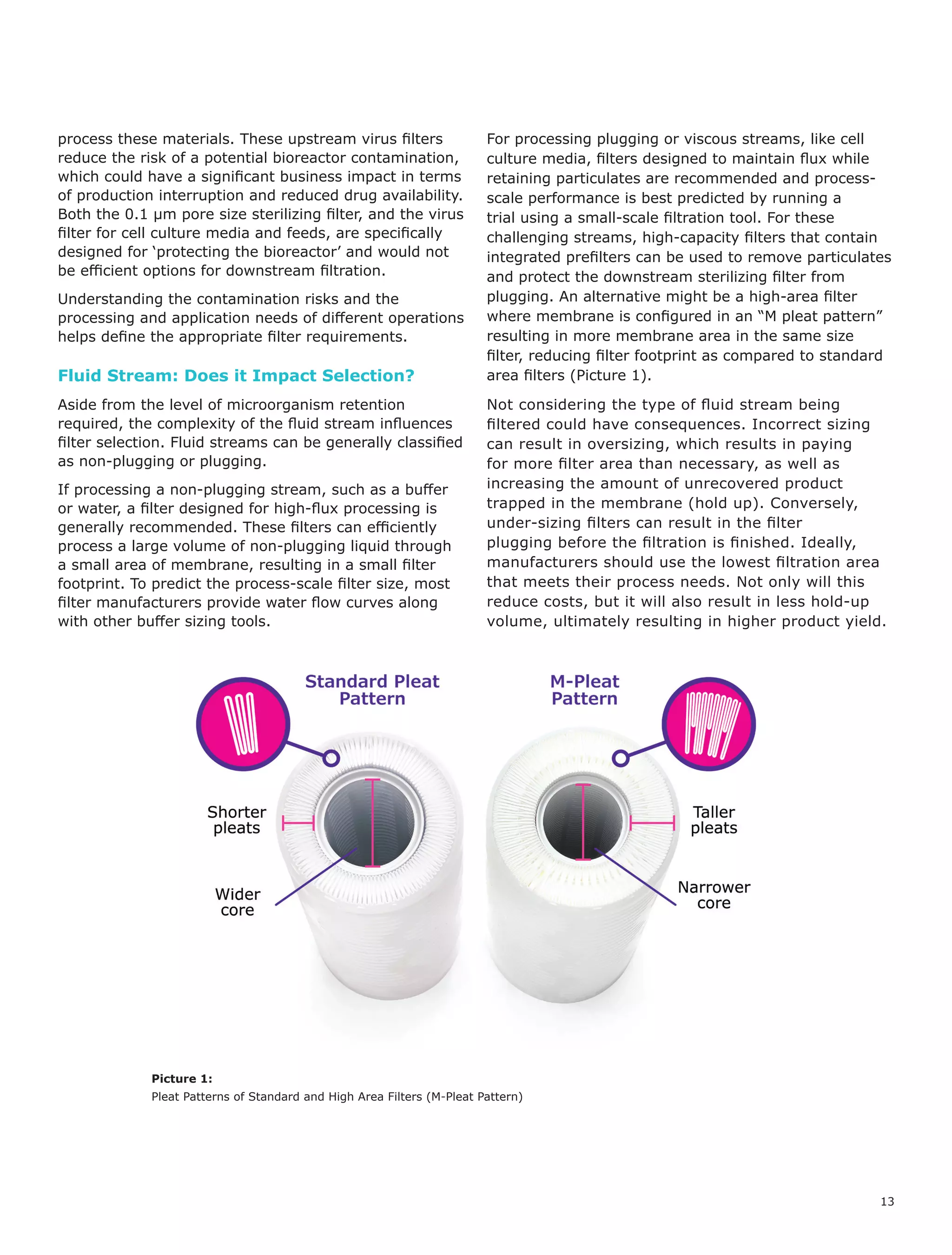 13
process these materials. These upstream virus filters
reduce the risk of a potential bioreactor contamination,
which could have a significant business impact in terms
of production interruption and reduced drug availability.
Both the 0.1 μm pore size sterilizing filter, and the virus
filter for cell culture media and feeds, are specifically
designed for ‘protecting the bioreactor’ and would not
be efficient options for downstream filtration.
Understanding the contamination risks and the
processing and application needs of different operations
helps define the appropriate filter requirements.
Fluid Stream: Does it Impact Selection?
Aside from the level of microorganism retention
required, the complexity of the fluid stream influences
filter selection. Fluid streams can be generally classified
as non-plugging or plugging.
If processing a non-plugging stream, such as a buffer
or water, a filter designed for high-flux processing is
generally recommended. These filters can efficiently
process a large volume of non-plugging liquid through
a small area of membrane, resulting in a small filter
footprint. To predict the process-scale filter size, most
filter manufacturers provide water flow curves along
with other buffer sizing tools.
For processing plugging or viscous streams, like cell
culture media, filters designed to maintain flux while
retaining particulates are recommended and process-
scale performance is best predicted by running a
trial using a small-scale filtration tool. For these
challenging streams, high-capacity filters that contain
integrated prefilters can be used to remove particulates
and protect the downstream sterilizing filter from
plugging. An alternative might be a high-area filter
where membrane is configured in an “M pleat pattern”
resulting in more membrane area in the same size
filter, reducing filter footprint as compared to standard
area filters (Picture 1).
Not considering the type of fluid stream being
filtered could have consequences. Incorrect sizing
can result in oversizing, which results in paying
for more filter area than necessary, as well as
increasing the amount of unrecovered product
trapped in the membrane (hold up). Conversely,
under-sizing filters can result in the filter
plugging before the filtration is finished. Ideally,
manufacturers should use the lowest filtration area
that meets their process needs. Not only will this
reduce costs, but it will also result in less hold-up
volume, ultimately resulting in higher product yield.
Picture 1:
Pleat Patterns of Standard and High Area Filters (M-Pleat Pattern)
 