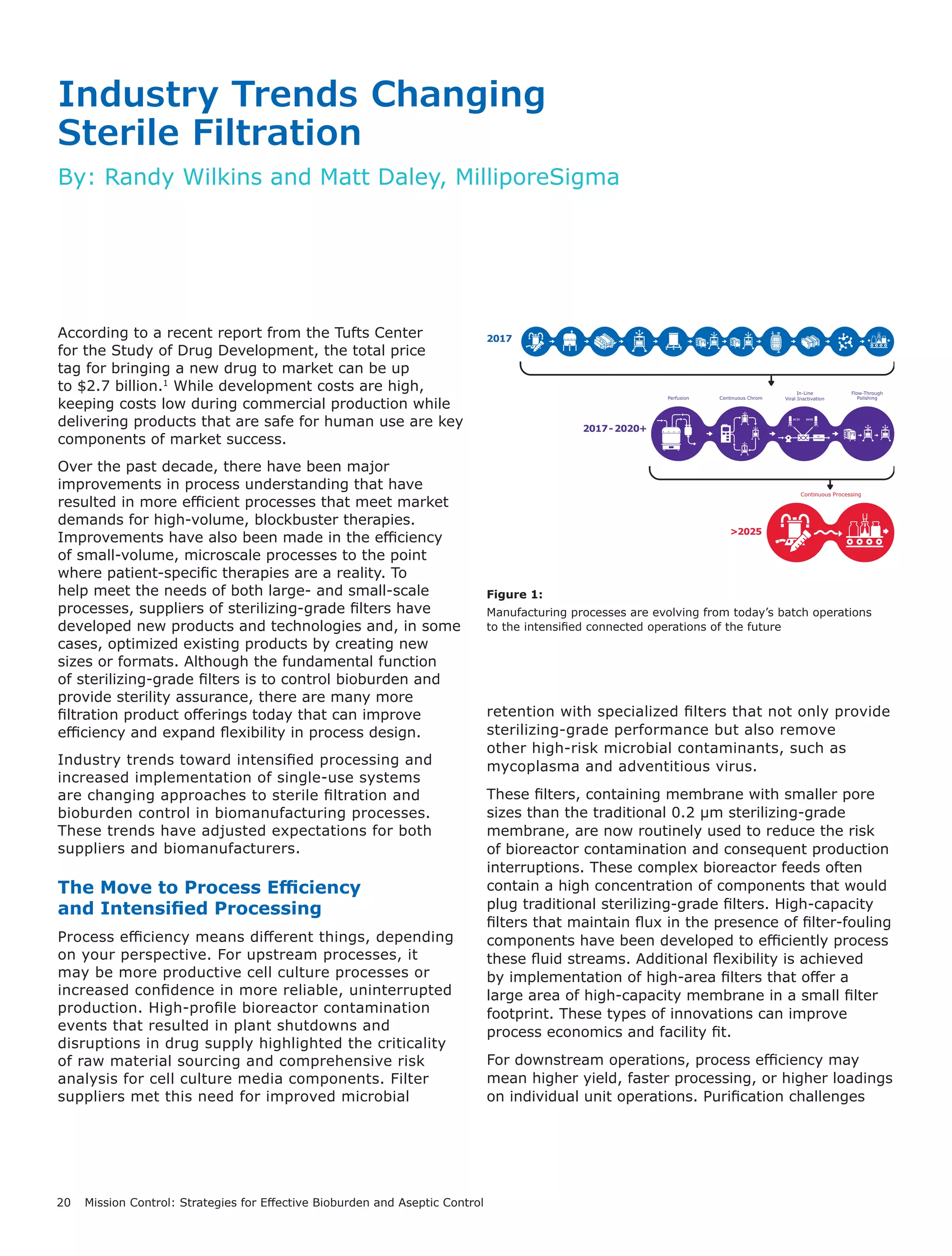 20 Mission Control: Strategies for Effective Bioburden and Aseptic Control
According to a recent report from the Tufts Center
for the Study of Drug Development, the total price
tag for bringing a new drug to market can be up
to $2.7 billion.1
While development costs are high,
keeping costs low during commercial production while
delivering products that are safe for human use are key
components of market success.
Over the past decade, there have been major
improvements in process understanding that have
resulted in more efficient processes that meet market
demands for high-volume, blockbuster therapies.
Improvements have also been made in the efficiency
of small-volume, microscale processes to the point
where patient-specific therapies are a reality. To
help meet the needs of both large- and small-scale
processes, suppliers of sterilizing-grade filters have
developed new products and technologies and, in some
cases, optimized existing products by creating new
sizes or formats. Although the fundamental function
of sterilizing-grade filters is to control bioburden and
provide sterility assurance, there are many more
filtration product offerings today that can improve
efficiency and expand flexibility in process design.
Industry trends toward intensified processing and
increased implementation of single-use systems
are changing approaches to sterile filtration and
bioburden control in biomanufacturing processes.
These trends have adjusted expectations for both
suppliers and biomanufacturers.
The Move to Process Efficiency
and Intensified Processing
Process efficiency means different things, depending
on your perspective. For upstream processes, it
may be more productive cell culture processes or
increased confidence in more reliable, uninterrupted
production. High-profile bioreactor contamination
events that resulted in plant shutdowns and
disruptions in drug supply highlighted the criticality
of raw material sourcing and comprehensive risk
analysis for cell culture media components. Filter
suppliers met this need for improved microbial
retention with specialized filters that not only provide
sterilizing-grade performance but also remove
other high-risk microbial contaminants, such as
mycoplasma and adventitious virus.
These filters, containing membrane with smaller pore
sizes than the traditional 0.2 µm sterilizing-grade
membrane, are now routinely used to reduce the risk
of bioreactor contamination and consequent production
interruptions. These complex bioreactor feeds often
contain a high concentration of components that would
plug traditional sterilizing-grade filters. High-capacity
filters that maintain flux in the presence of filter-fouling
components have been developed to efficiently process
these fluid streams. Additional flexibility is achieved
by implementation of high-area filters that offer a
large area of high-capacity membrane in a small filter
footprint. These types of innovations can improve
process economics and facility fit.
For downstream operations, process efficiency may
mean higher yield, faster processing, or higher loadings
on individual unit operations. Purification challenges
Figure 1:
Manufacturing processes are evolving from today’s batch operations
to the intensified connected operations of the future
2017
>2025
Continuous Processing
Continuous Chrom Polishing
In-Line
Viral Inactivation
ACID BASE
Perfusion
2017-2020+
Flow-Through
ACID BASE
Industry Trends Changing
Sterile Filtration
By: Randy Wilkins and Matt Daley, MilliporeSigma
 