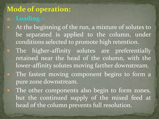 Mode of operation:
a. Loading –
 At the beginning of the run, a mixture of solutes to
be separated is applied to the column, under
conditions selected to promote high retention.
 The higher-affinity solutes are preferentially
retained near the head of the column, with the
lower-affinity solutes moving farther downstream.
 The fastest moving component begins to form a
pure zone downstream.
 The other components also begin to form zones,
but the continued supply of the mixed feed at
head of the column prevents full resolution.
 