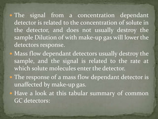  The signal from a concentration dependant
detector is related to the concentration of solute in
the detector, and does not usually destroy the
sample Dilution of with make-up gas will lower the
detectors response.
 Mass flow dependant detectors usually destroy the
sample, and the signal is related to the rate at
which solute molecules enter the detector.
 The response of a mass flow dependant detector is
unaffected by make-up gas.
 Have a look at this tabular summary of common
GC detectors:
 