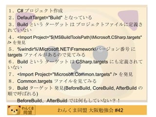 １．C# プロジェクト作成２．DefaultTarget="Build" となっている３．Build という ターゲット は プロジェクトファイルに定義されていない４．<Import Project="$(MSBuildToolsPath)\Microsoft.CSharp.targets" /> を発見５．%windir%\Microsoft.NET\Framework\バージョン番号 に targets ファイルがあるので見てみる６．Build という ターゲット は CSharp.targetsにも定義されていない７．<Import Project="Microsoft.Common.targets" /> を発見８．Common.targetsファイルを見てみる９．Build ターゲット 発見(BeforeBuild, CoreBuild, AfterBuildの順で呼ばれる)　　BeforeBuild、AfterBuildでは何もしていない？！