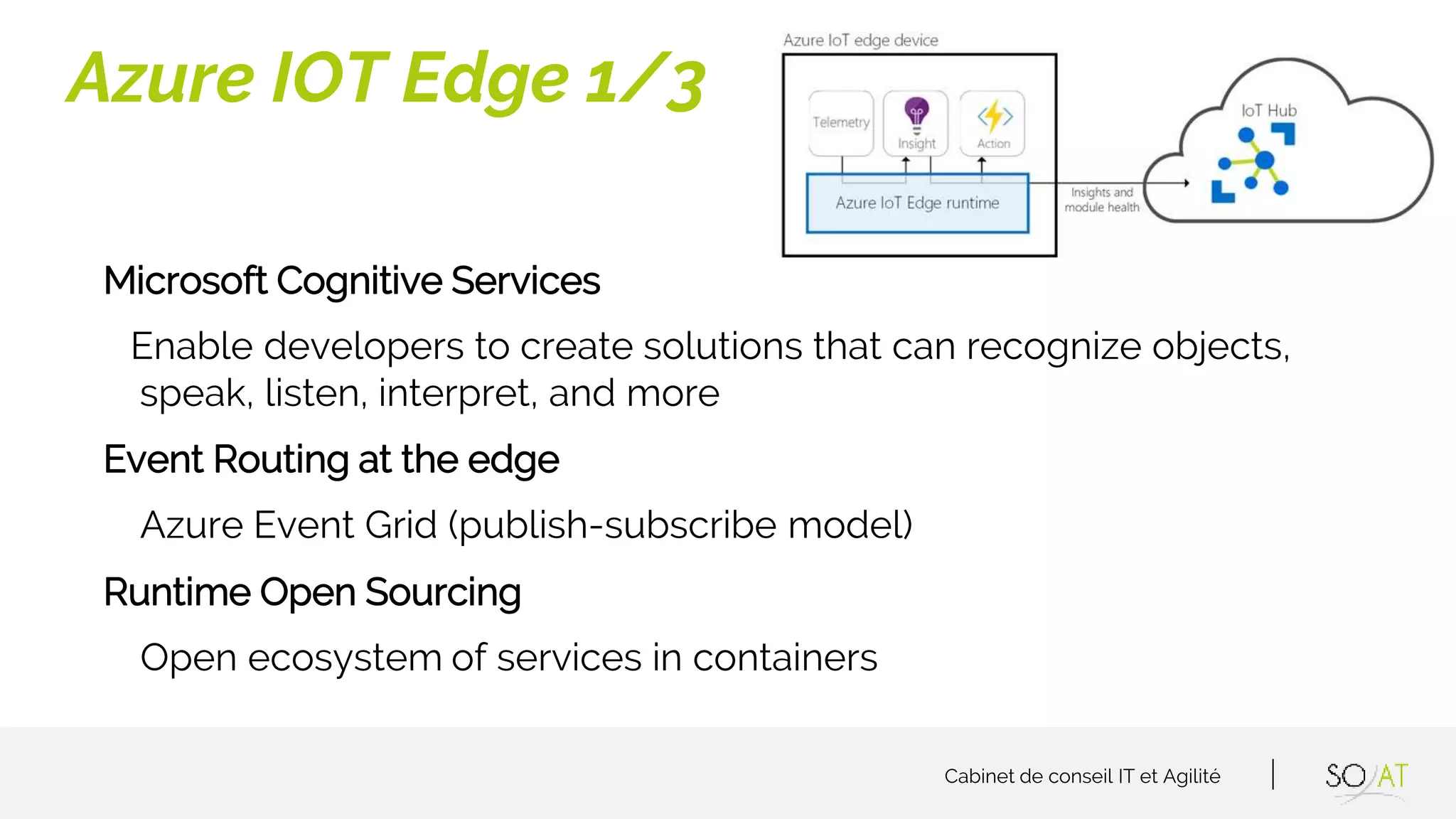 Cabinet de conseil IT et Agilité
Microsoft Cognitive Services
Enable developers to create solutions that can recognize objects,
speak, listen, interpret, and more
Event Routing at the edge
Azure Event Grid (publish-subscribe model)
Runtime Open Sourcing
Open ecosystem of services in containers
Azure IOT Edge 1/3
 