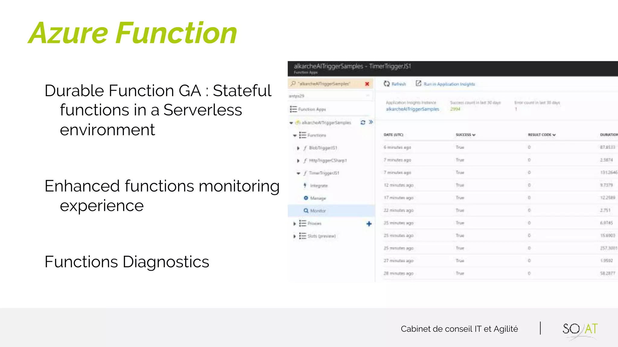 Cabinet de conseil IT et Agilité
Durable Function GA : Stateful
functions in a Serverless
environment
Enhanced functions monitoring
experience
Functions Diagnostics
Azure Function
 