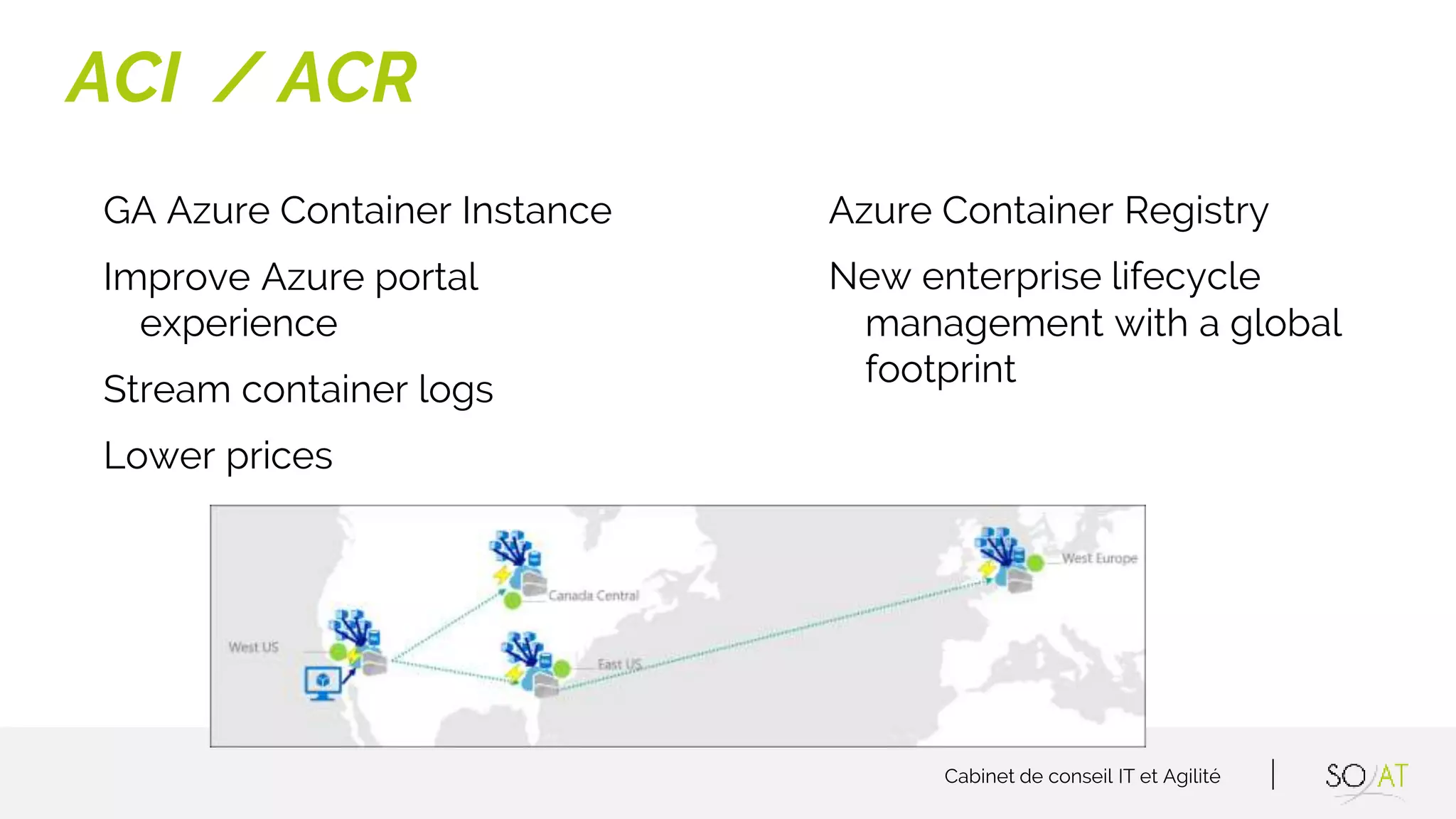 Cabinet de conseil IT et Agilité
GA Azure Container Instance
Improve Azure portal
experience
Stream container logs
Lower prices
Azure Container Registry
New enterprise lifecycle
management with a global
footprint
ACI / ACR
 