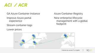 Cabinet de conseil IT et Agilité
GA Azure Container Instance
Improve Azure portal
experience
Stream container logs
Lower p...
