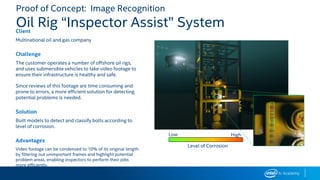 Proof of Concept: Image Recognition
Oil Rig “Inspector Assist” SystemClient
Multinational oil and gas company
Challenge
The customer operates a number of offshore oil rigs,
and uses submersible vehicles to take video footage to
ensure their infrastructure is healthy and safe.
Since reviews of this footage are time consuming and
prone to errors, a more efficient solution for detecting
potential problems is needed.
Solution
Built models to detect and classify bolts according to
level of corrosion.
Advantages
Video footage can be condensed to 10% of its original length
by filtering out unimportant frames and highlight potential
problem areas, enabling inspectors to perform their jobs
more efficiently.
Level of Corrosion
Low High
 