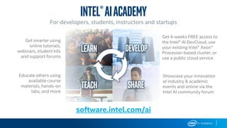 software.intel.com/ai
Get 4-weeks FREE access to
the Intel® AI DevCloud, use
your existing Intel® Xeon®
Processor-based cluster, or
use a public cloud service
Intel®AIacademy
For developers, students, instructors and startups
teach Share
Developlearn
Showcase your innovation
at industry & academic
events and online via the
Intel AI community forum
Get smarter using
online tutorials,
webinars, student kits
and support forums
Educate others using
available course
materials, hands-on
labs, and more
 