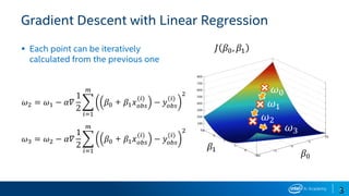 35
▪ Each point can be iteratively
calculated from the previous one
3
Gradient Descent with Linear Regression
𝐽 𝛽0, 𝛽1
𝛽1
𝛽0
𝜔0
𝜔1𝜔2 = 𝜔1 − 𝛼𝛻
1
2
෍
𝑖=1
𝑚
𝛽0 + 𝛽1 𝑥 𝑜𝑏𝑠
(𝑖)
− 𝑦𝑜𝑏𝑠
(𝑖)
2
𝜔2
𝜔3 = 𝜔2 − 𝛼𝛻
1
2
෍
𝑖=1
𝑚
𝛽0 + 𝛽1 𝑥 𝑜𝑏𝑠
(𝑖)
− 𝑦𝑜𝑏𝑠
(𝑖)
2 𝜔3
 