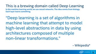 40
“Deep learning is a set of algorithms in
machine learning that attempt to model
high-level abstractions in data by using
architectures composed of multiple
non-linear transformations.”
- Wikipedia*
4
This is a brewing domain called Deep Learning
In the machine learning world, we use neural networks. The idea comes from biology.
Each layer learns something.
 