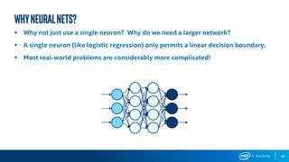 46
WhyNeuralNets?
▪ Why not just use a single neuron? Why do we need a larger network?
▪ A single neuron (like logistic regression) only permits a linear decision boundary.
▪ Most real-world problems are considerably more complicated!
 