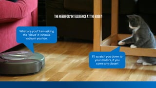 Theneedfor‘intelligenceattheedge’!
What are you? I am asking
the ‘cloud’ if I should
vacuum you too.
I’ll scratch you down to
your motors, if you
come any closer!
 